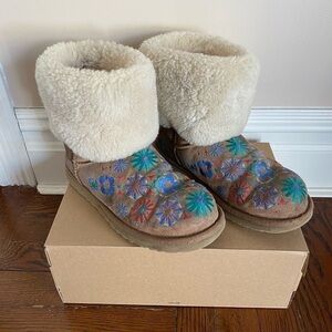 UGG Limited Edition Suede Floral Embroidered Sheepskin Foldover Cuff Boo…